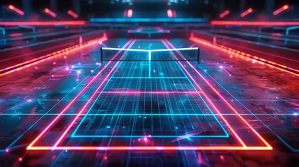 Foto op Plexiglas A mesmerizing 3D render of glowing neon tennis court on a black background © MAY