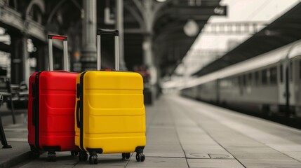 Bright red and yellow suitcases on a train platform with a blurred background - obrazy, fototapety, plakaty