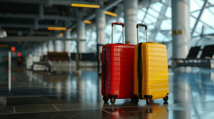 Red and yellow suitcases side by side in an airport terminal - obrazy, fototapety, plakaty