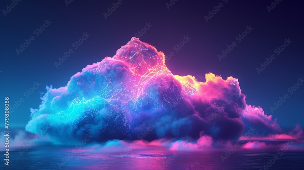 Poster a surreal 3d render of a neon-lit cloud with geometric patterns, against a backdrop of deep blue