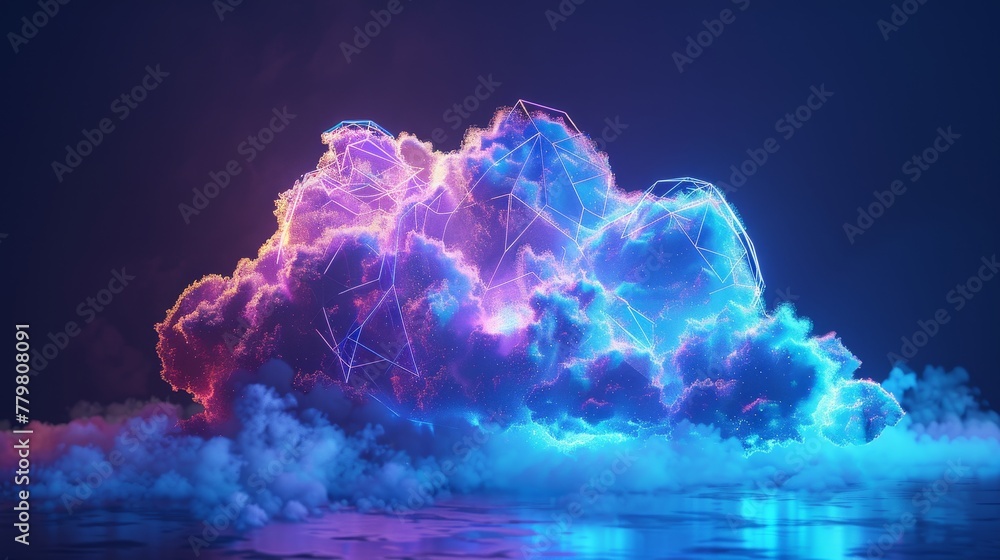 Poster a surreal 3d render of a neon-lit cloud with geometric patterns, against a backdrop of deep blue