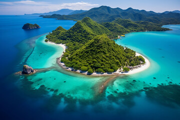 Aerial view of a tropical island with white sandy beaches, turquoise water and lush green mountains inland
