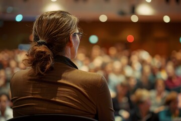 Rear view of a businesswoman addressing an audience at a professional conference, representing leadership and expertise.