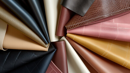 Luxury Synthetic Leather Samples Fabric Swatches Various Colors and Textures, Top View