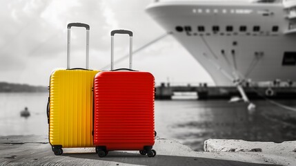 Two bright suitcases on dock with cruise ship in background