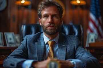 An authoritative male business figure sits powerfully at an office desk surrounded by symbols of wealth