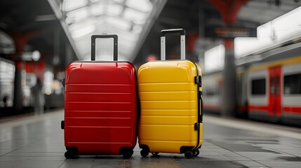 Two colorful suitcases on a train station platform with commuter. - obrazy, fototapety, plakaty