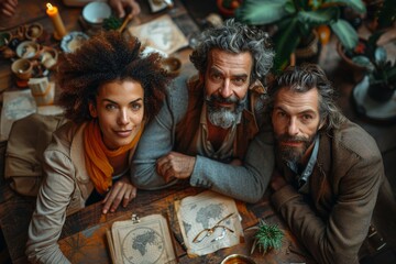 A diverse group of friends casually pose together in a warm, inviting café setting