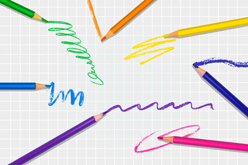 Creative horizontal image in which different colored pencils appear drawing very colorful freehand strokes on a school grid sheet. Creative design that can be used for back to school, schooling, craft