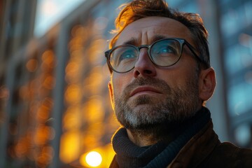 Contemplative man in eyeglasses looking homeward against a glass building as the sun sets