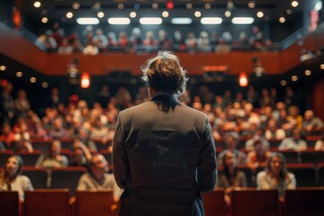 Rear view of a professional speaker on stage engaging with audience in a lecture hall or conference venue.
