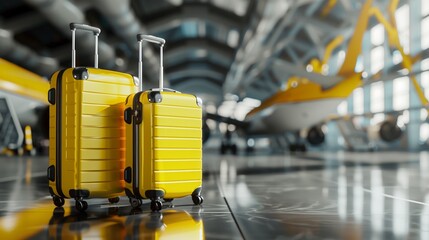 Two yellow suitcases at an airport with a blurred airplane in the background.