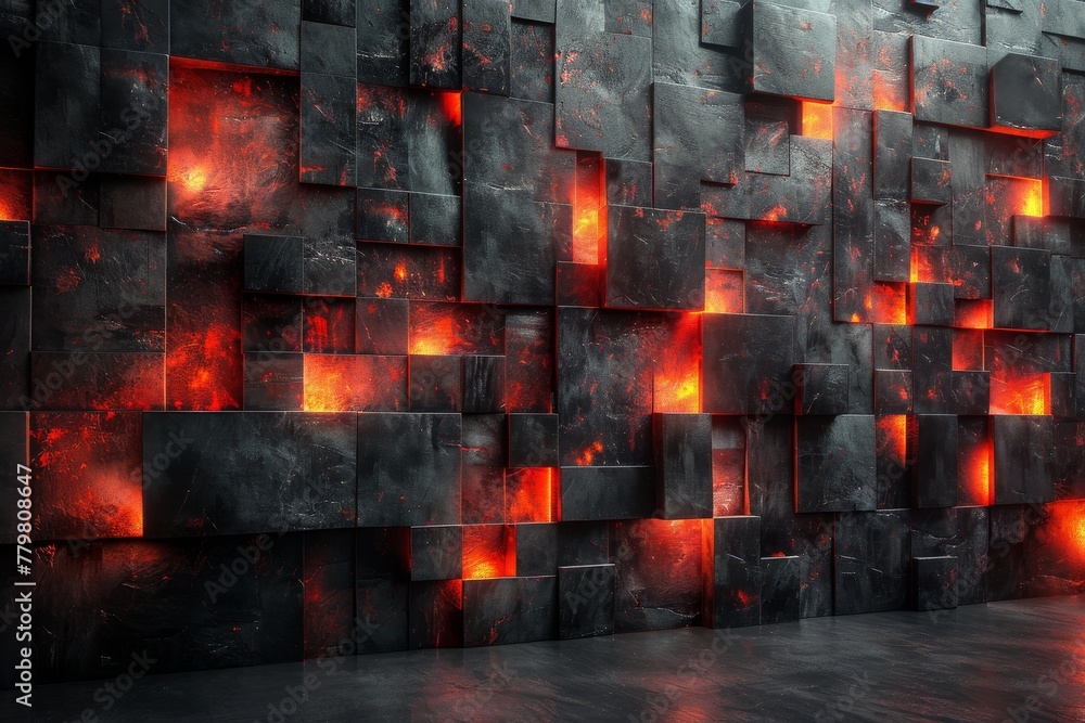 Aufkleber this image captures a wall of block pattern with interspersed red glowing fissures suggesting heat o