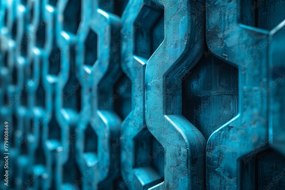 Poster a macro shot bringing attention to the details of cool-hued hexagonal patterns with a sense of techn