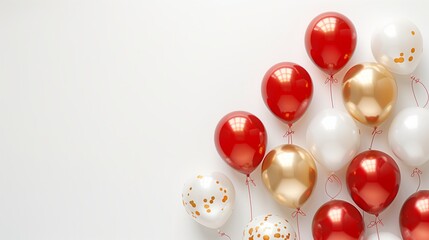Assortment of red, gold, and white balloons with a festive feel on a light background