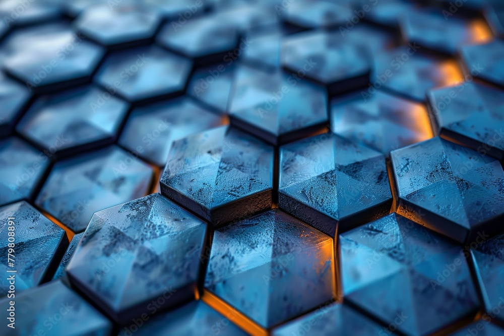 Poster a close-up of an illuminated blue hexagonal pattern that displays an intricate play of light and sha