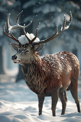 A deer with antlers covered in snow stands in the snow