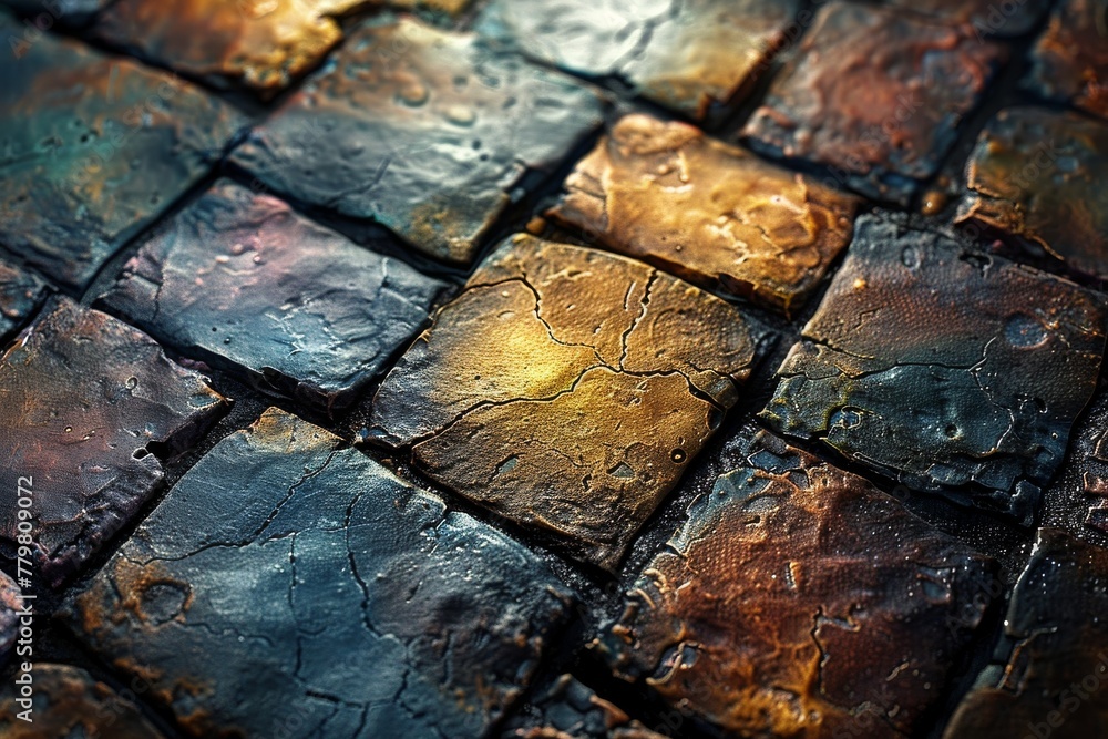 Poster a macro shot captures the rich textures and varied colors of wet cobblestones, highlighted by moistu