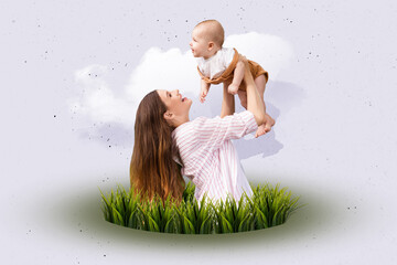 Creative trend collage of young excited female raise baby have fun play together mother day...