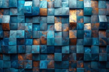 An image focusing on the contrast and vibrancy of orange and blue square tiles arranged on a wall