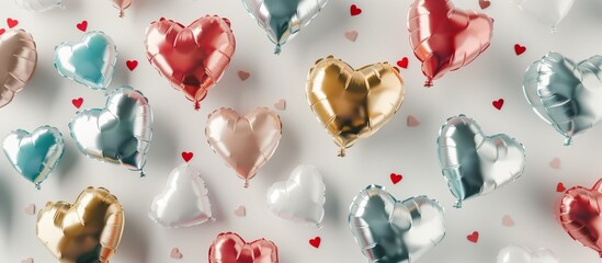 Heart-shaped balloons in various colors against a neutral background. - obrazy, fototapety, plakaty