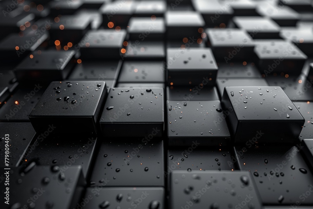 Poster eye-catching image of reflective black cubes arranged in a pattern with raindrops adding to the text