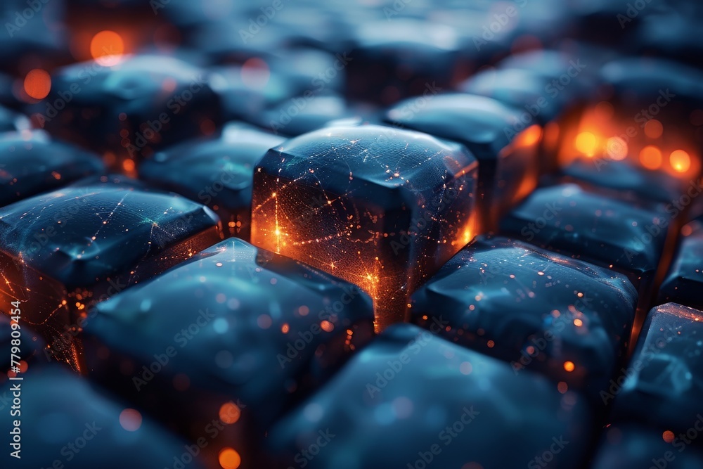 Poster fiery orange lines connect dark, digital cubes creating an abstract concept of network and connectiv