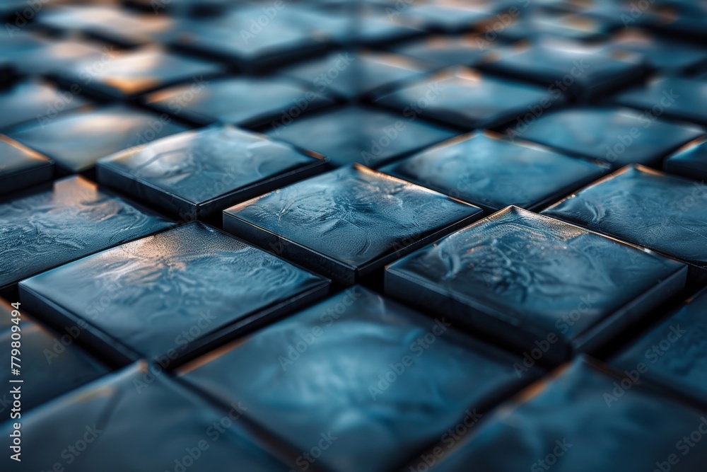 Poster a close-up image of blue textured squares with reflective water droplets creating an abstract patter