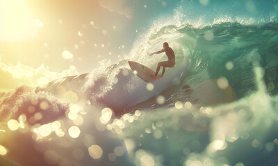 A surfer riding on the the turquoise sea.  - 779809439