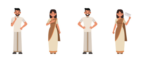 Set of smiling Indian Businessman and businesswoman character vector design. Presentation in various action. People working in office planning, thinking and economic analysis.