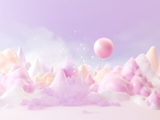 A pink and white mountain landscape with a pink balloon floating in the air