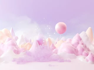Papier Peint photo Lavable Violet A pink and white mountain landscape with a pink balloon floating in the air