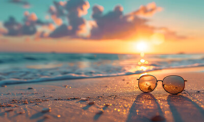 Sun glasses on the beach with sunset sea background. - 779809603