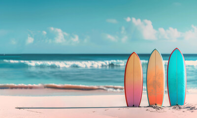 Surfboard on the beach with turquoise sea background. - 779809614