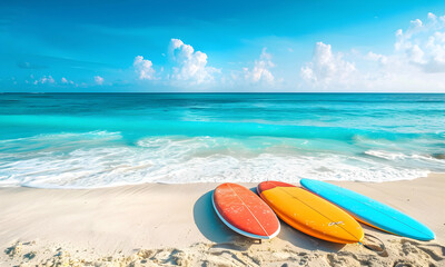 Fototapeta na wymiar Surfboard on the beach with turquoise sea background.