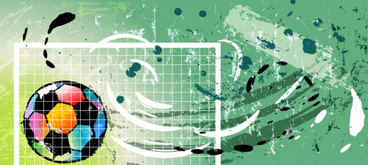soccer, football, illustration, grungy mockup, great soccer event, with goal, paint strokes and splashes - 779809631