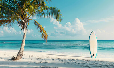 Surfboard and coconut tree on the beach with turquoise sea background. - 779809636