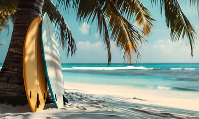 Surfboard and coconut tree on the beach with turquoise sea background.