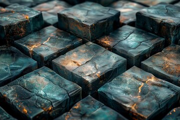 Detailed image of coppery and marbled metallic cubes showcasing intricate textures and reflections