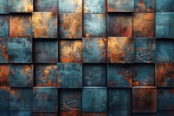 Vibrant rusted copper tiles pattern with hints of blue patina showing the beauty of corrosion and...