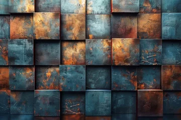 Fotobehang Vibrant rusted copper tiles pattern with hints of blue patina showing the beauty of corrosion and decay © Larisa AI