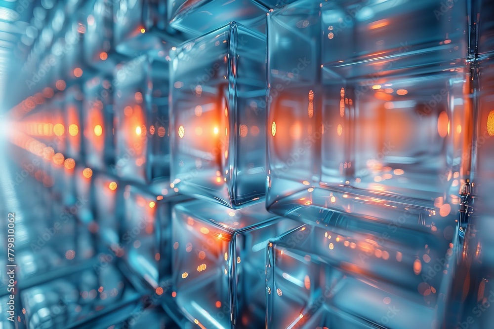 Poster vast array of blue-lit cubes stretching into the distance in a tunnel-like perspective, symbolizing 