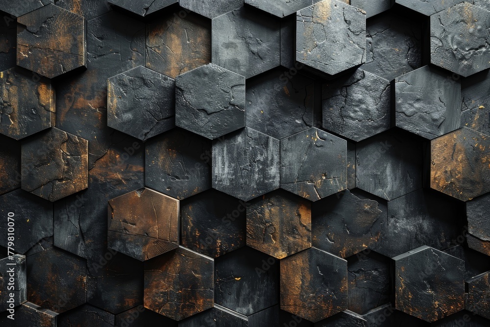 Poster textured hexagonal shapes in a pattern with a mix of black and rust hues, suggesting industrial roug