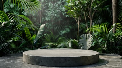 Circle stone podium product in a serene view of a misty tropical jungle, bathed in soft natural light with sunbeams filtering through the dense, lush green foliage.

