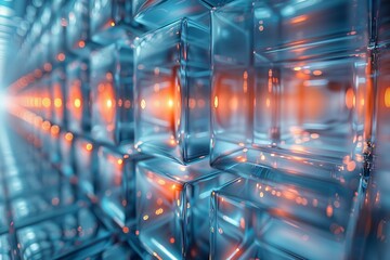 Vast array of blue-lit cubes stretching into the distance in a tunnel-like perspective, symbolizing digital data and futuristic concepts