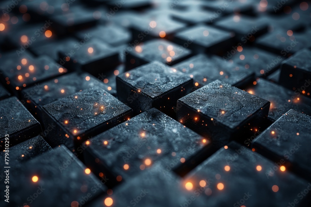 Poster an artistic render of 3d cubes with a dark, mysterious atmosphere enhanced by selective orange light