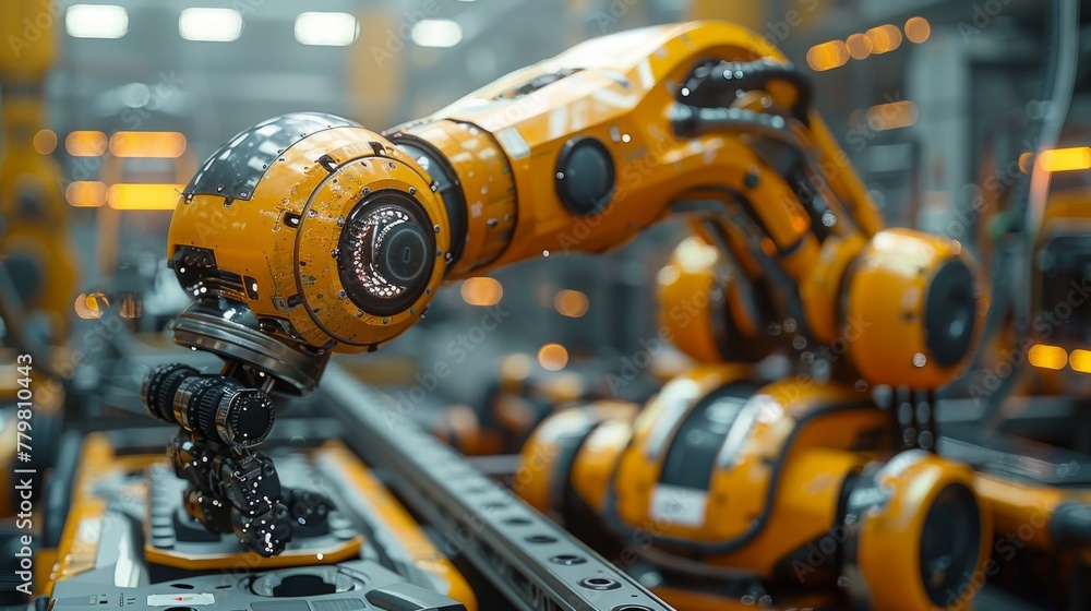 Poster close-up, high-definition 3d rendering of automated robot arms operating within an industrial factor