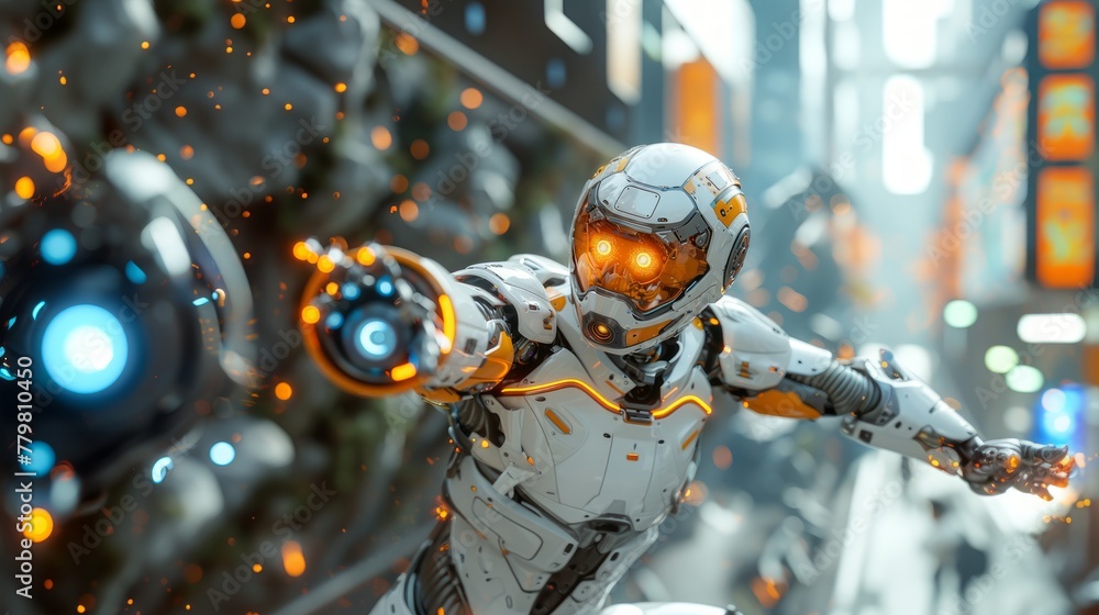 Poster high-fidelity rendering of an ai robot with glowing eyes, extended hand, and dynamic details in a fu