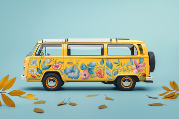 A vintage yellow van is adorned with intricate floral patterns and surrounded by falling leaves, evoking a nostalgic and playful spirit. Vehicle with flower drawings.
