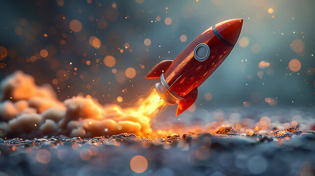 Launch of a red rocket isolated on clear background, made of precious metal. Successful start concept. Generative Ai